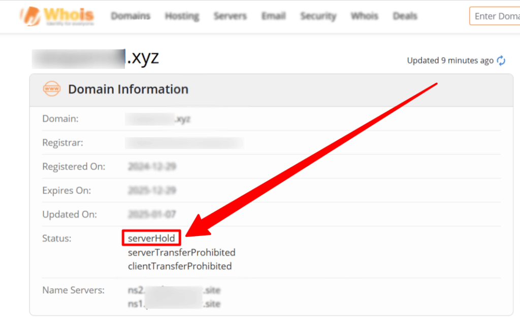 domain status serverhold